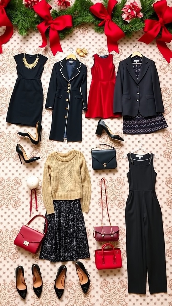 Classy Christmas Outfit Ideas A collection of classy Christmas outfits including a black dress, red velvet dress, tailored blazer, sequined skirt, and jumpsuit, styled with elegant accessories.